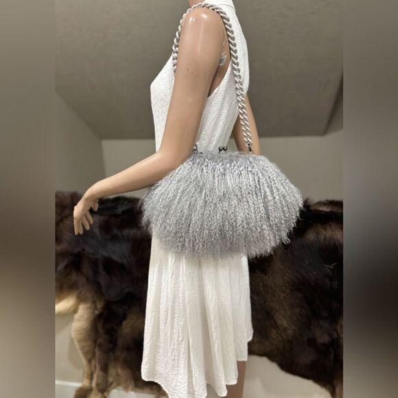 Gray Handmade Genuine Mongolian Lamb Fur Kisslock Clutch/Shoulder Bag/Crossbody - Picture 1 of 16